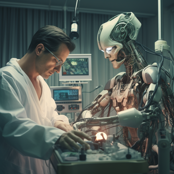 "Le robot et le chirurgien travaillent de concert" (Qant, M. de R. avec Midjourney)