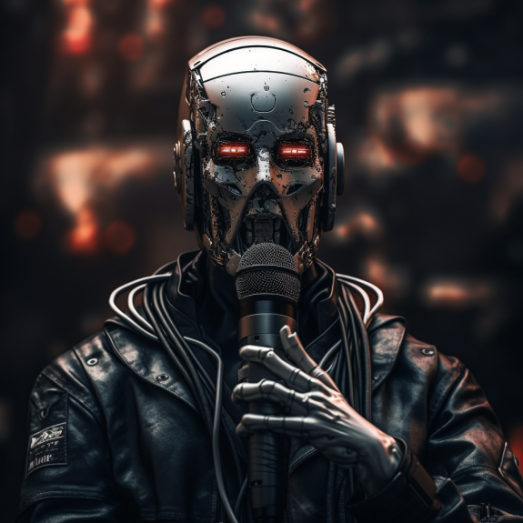 "Le robot s'exprime au micro" (Qant, M. de R. avec Midjourney)