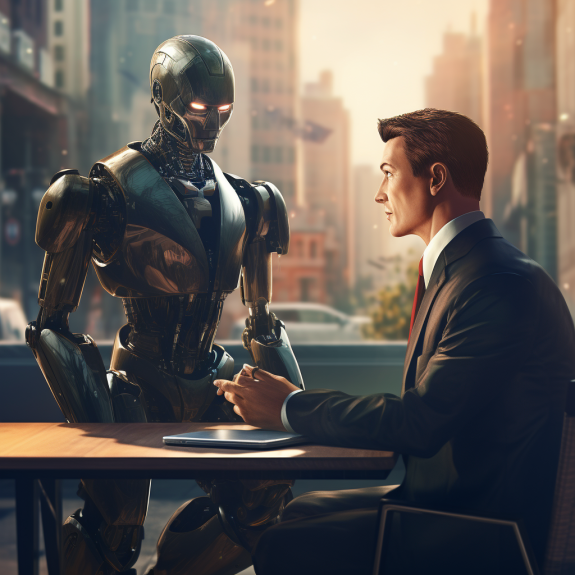 "Le robot conseille l'entrepreneur" (Qant, M. de R. avec Midjourney)