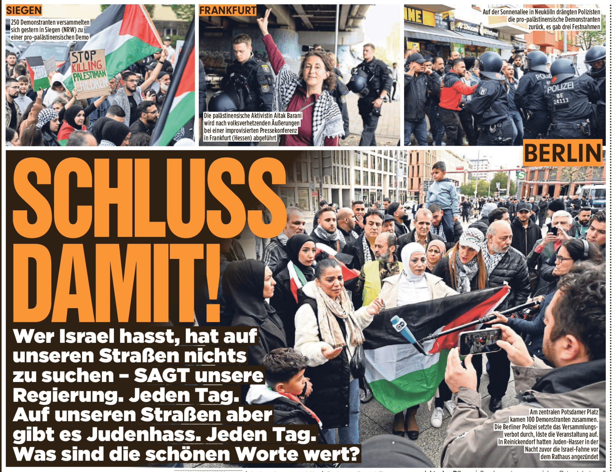 "ça suffit !" le quotidien populaire "BZ" contre les manifestations de solidarité avec les Palestiniens