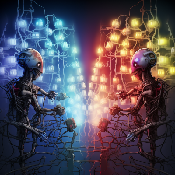 "Le duel entre le bien et le mal dans l'IA" (Qant, M. de R. avec Midjourney)