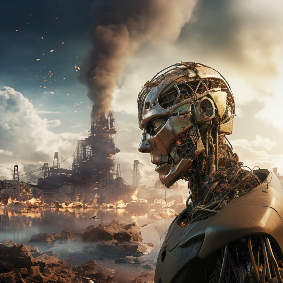 "Le robot face à ses dégats" (Qant, M. de R. avec Midjourney)