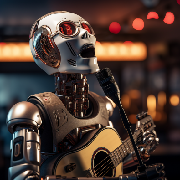 "Le robot prend la place du chanteur" (Qant, M. de R. avec Midjourney)