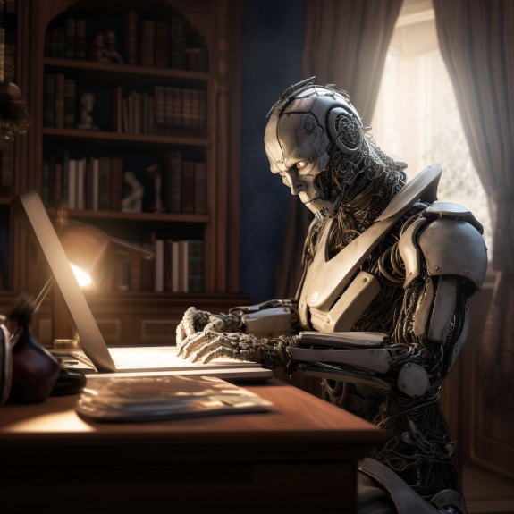 "Le robot rédige sa première nouvelle" (Qant, M. de R. avec Midjourney)