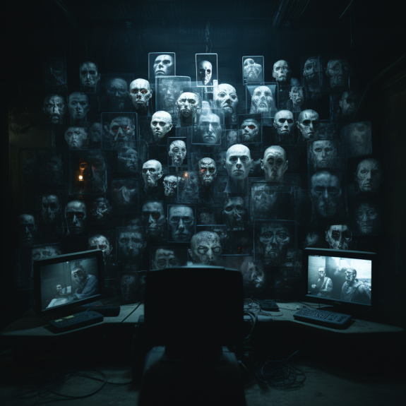 "La chasse aux visages de l'IA" (Qant, M. de R. avec Midjourney)