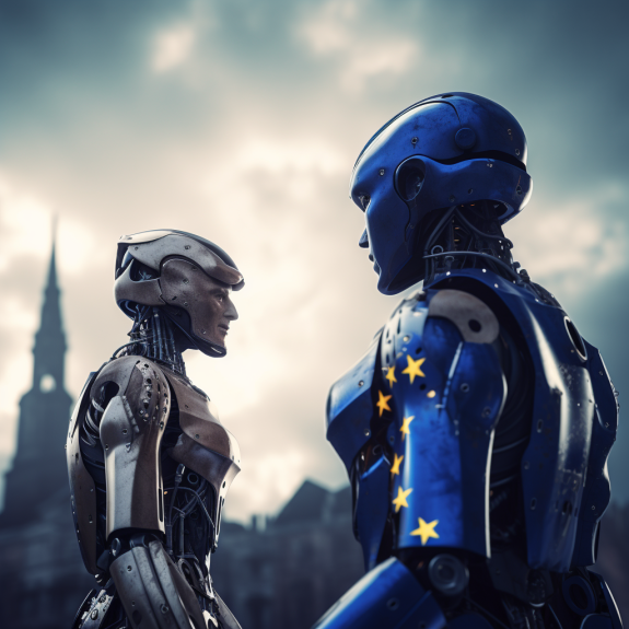 "L'Europe s'accorde sur les robots" (Qant, M. de R. avec Midjourney)