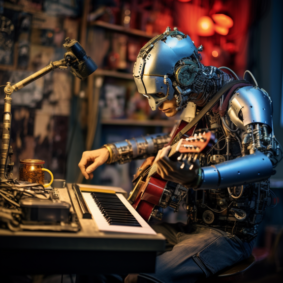 "Le robot joue plusieurs instruments à la fois" (Qant, M. de R. avec Midjourney)