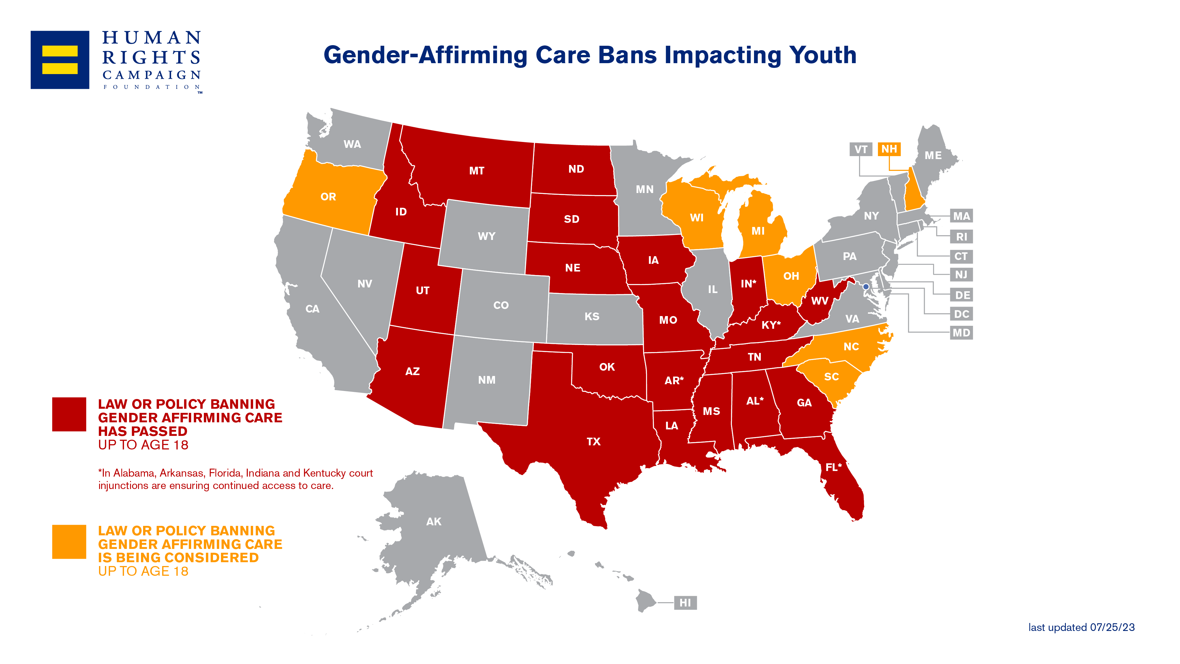 En rouge, les états qui ont interdit l’accès à une prise en charge des mineurs transgenres