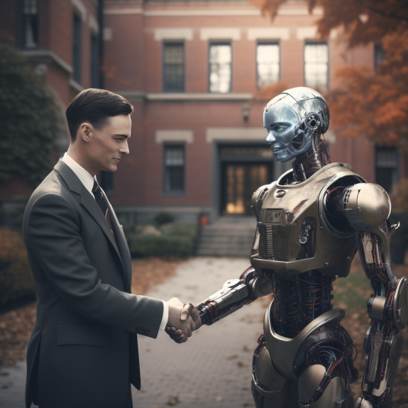 "Alan Turing accueille le robot à Bletchley Park, dans le style de Retour à Brideshead" (Qant, M. de R. avec Midjourney)