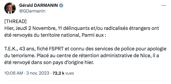 Capture d'écran du compte de Gérald Darmanin.