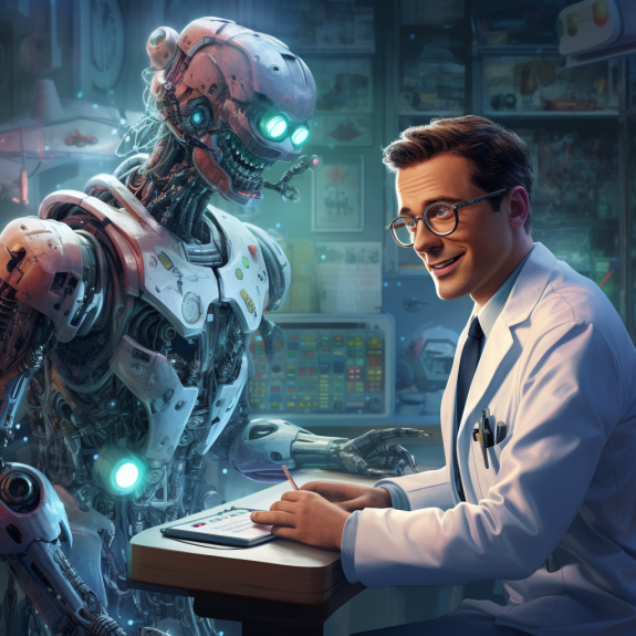 "Le robot au soutien du docteur" (Qant, M. de R. avec Midjourney)