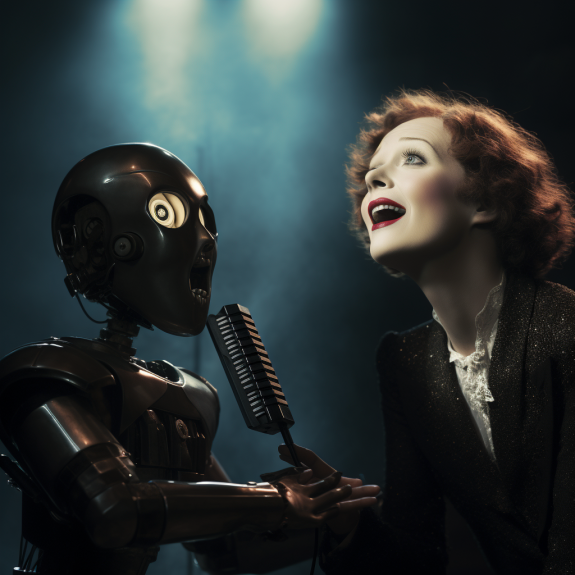 “Edith Piaf chante en coeur avec le robot” (Qant, M. de R. avec Midjourney)