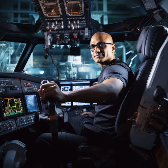 "Satya Nadella copilote de l'avion Microsoft" (Qant, M. de R. avec Midjourney)
