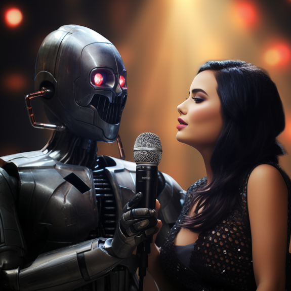 “Demi Lovato chante avec le robot” (Qant, M. de R. avec Midjourney)