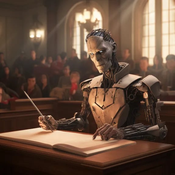 “Le robot écrivain au tribunal” (Qant, M. de R. avec Midjourney)