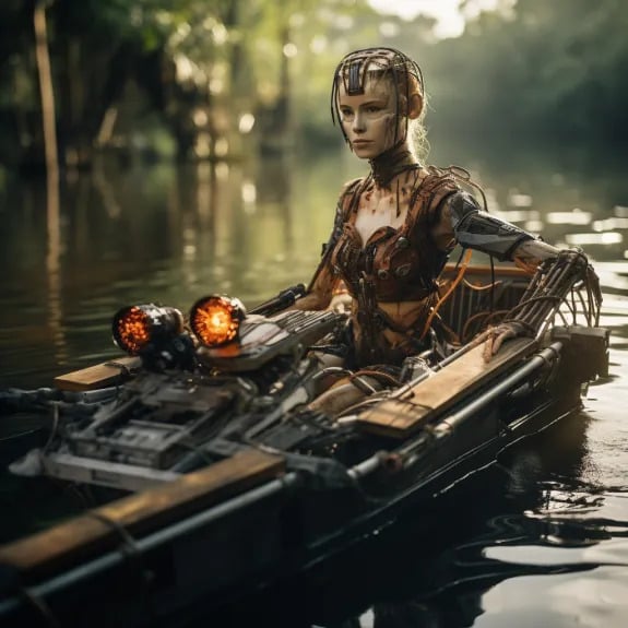 “Le robot Alexa descend l’Amazone” (Qant, M. de R. avec Midjourney)