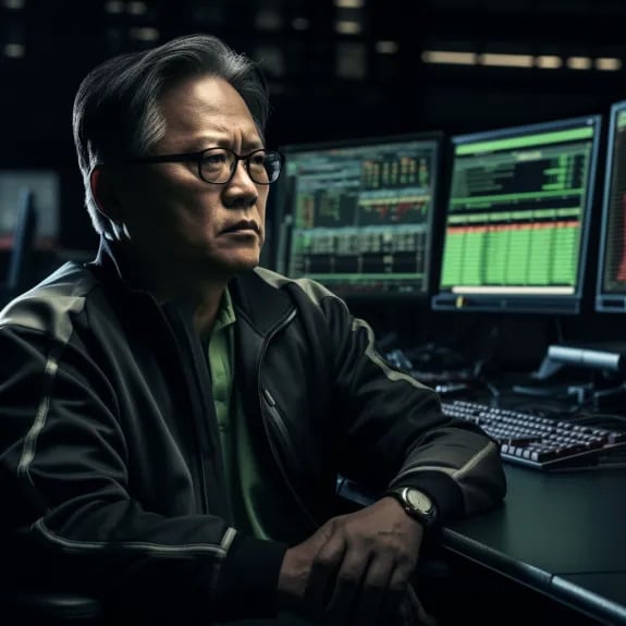 “Jensen Huang insatisfait de la valeur des actions de Nvidia” (Qant, M. de R. avec Midjourney” 