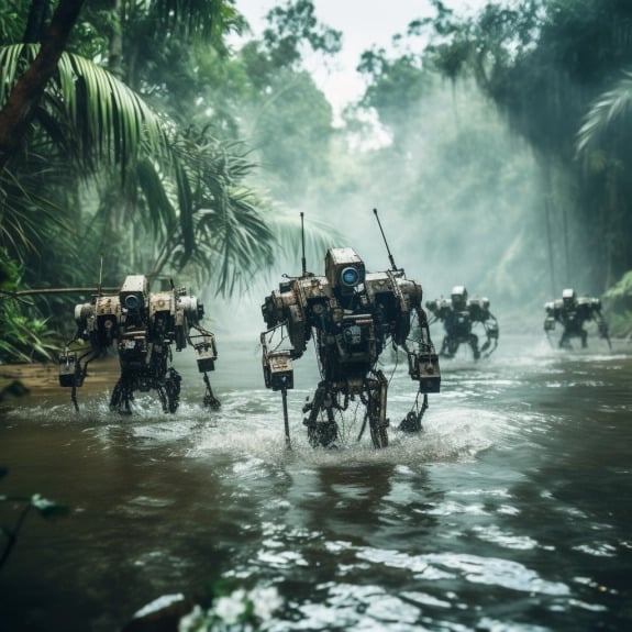 "Toujours plus de robots dans l'Amazon" (Qant, M. de R. avec Midjourney)