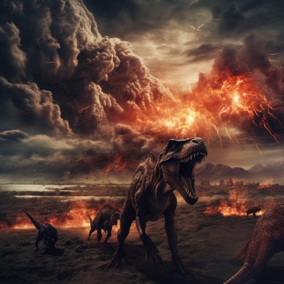 “Les dinosaures victimes d’une éruption volcanique” (Qant, M. de R. avec Midjourney)