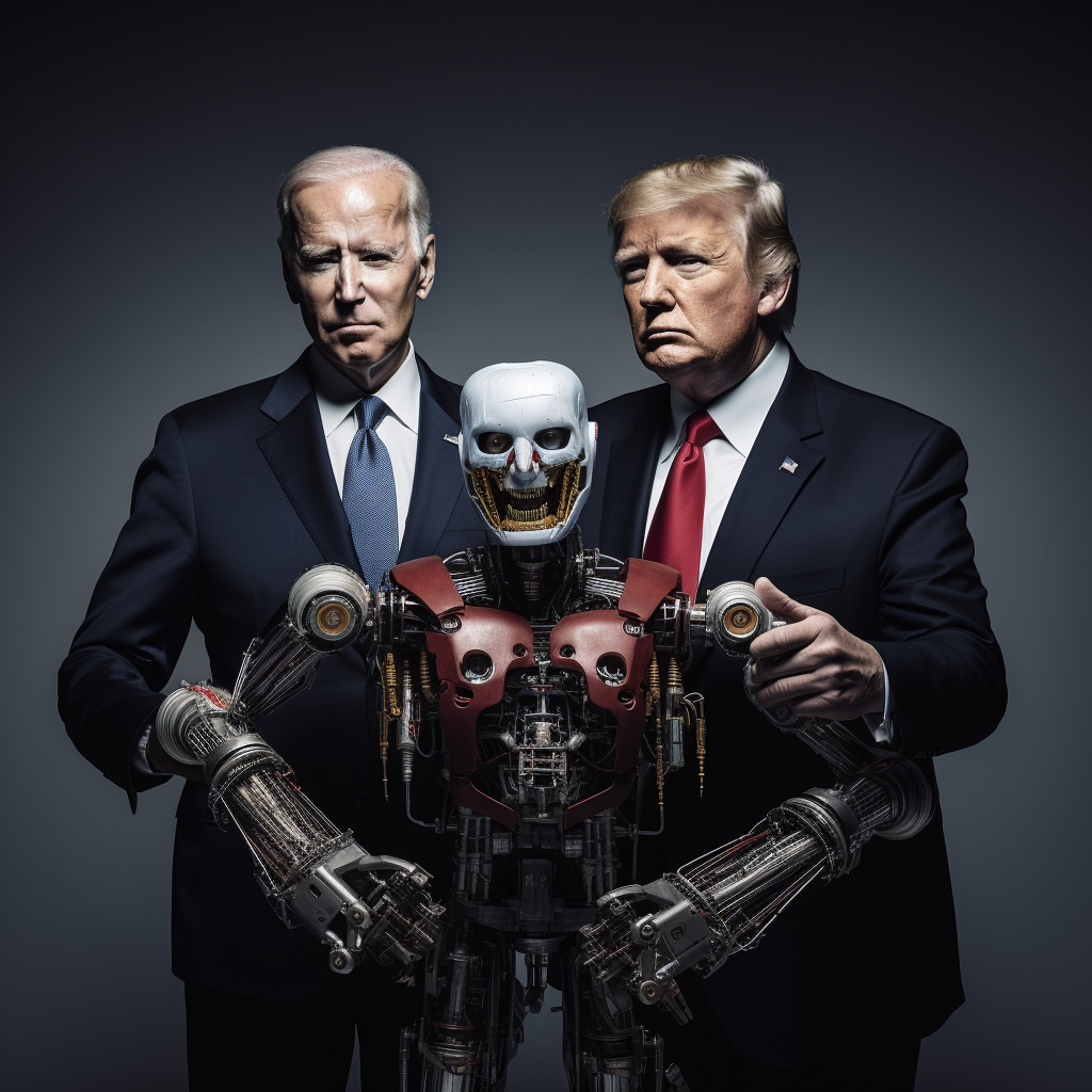 “Trump et Biden manipulent le robot” (Qant, M. de R. avec Midjourney)