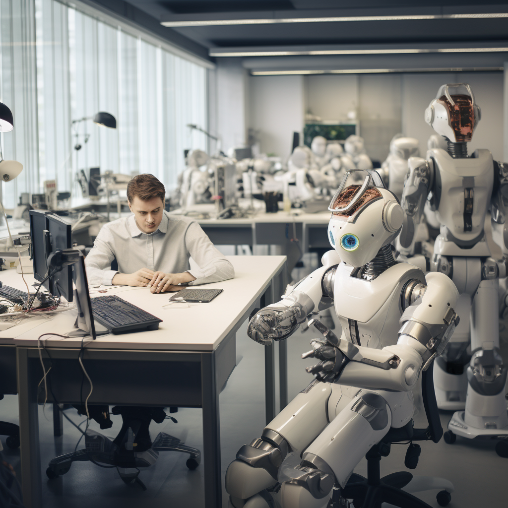 “Robots et humains travaillent de concert” (Qant, M. de R. avec Midjourney)