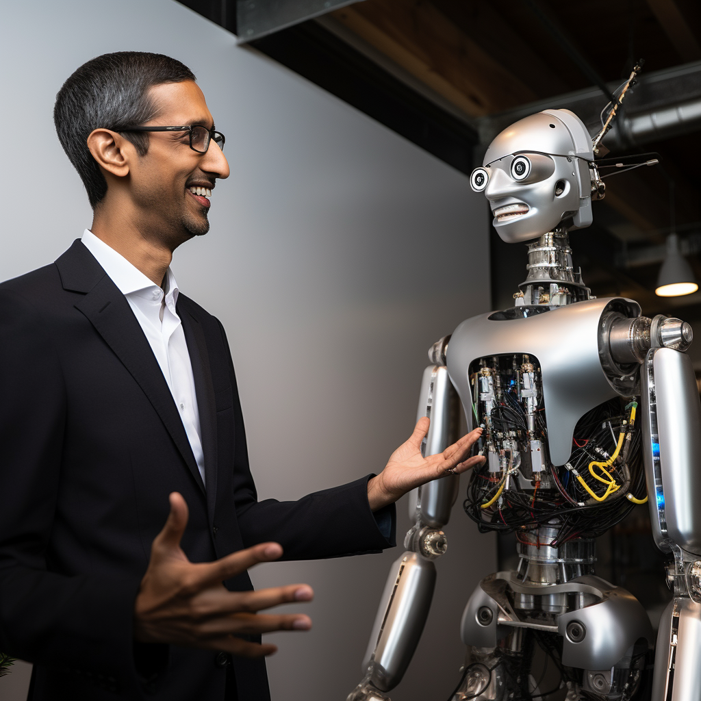 "Sundar Pichai présente son nouveau robot" (Qant, M. de R. avec Midjourney)