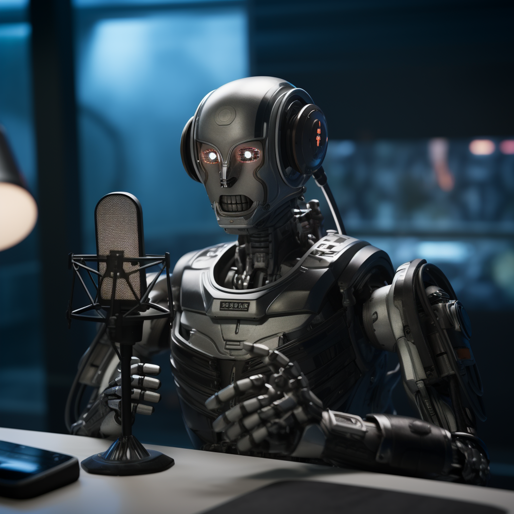 “Le robot parle au micro” (Qant, M. de R. avec Midjourney)