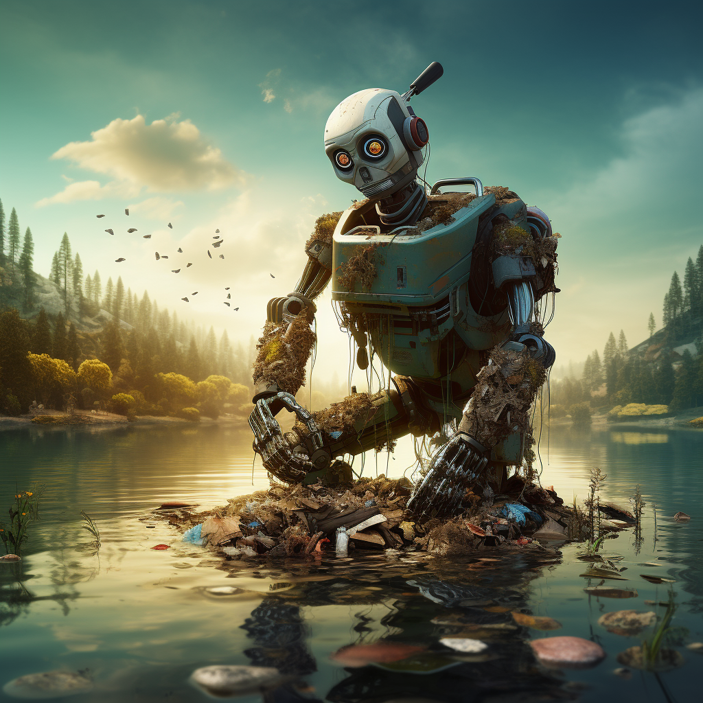 "Le robot nettoie la planète" (Qant, M. de R. avec Midjourney)