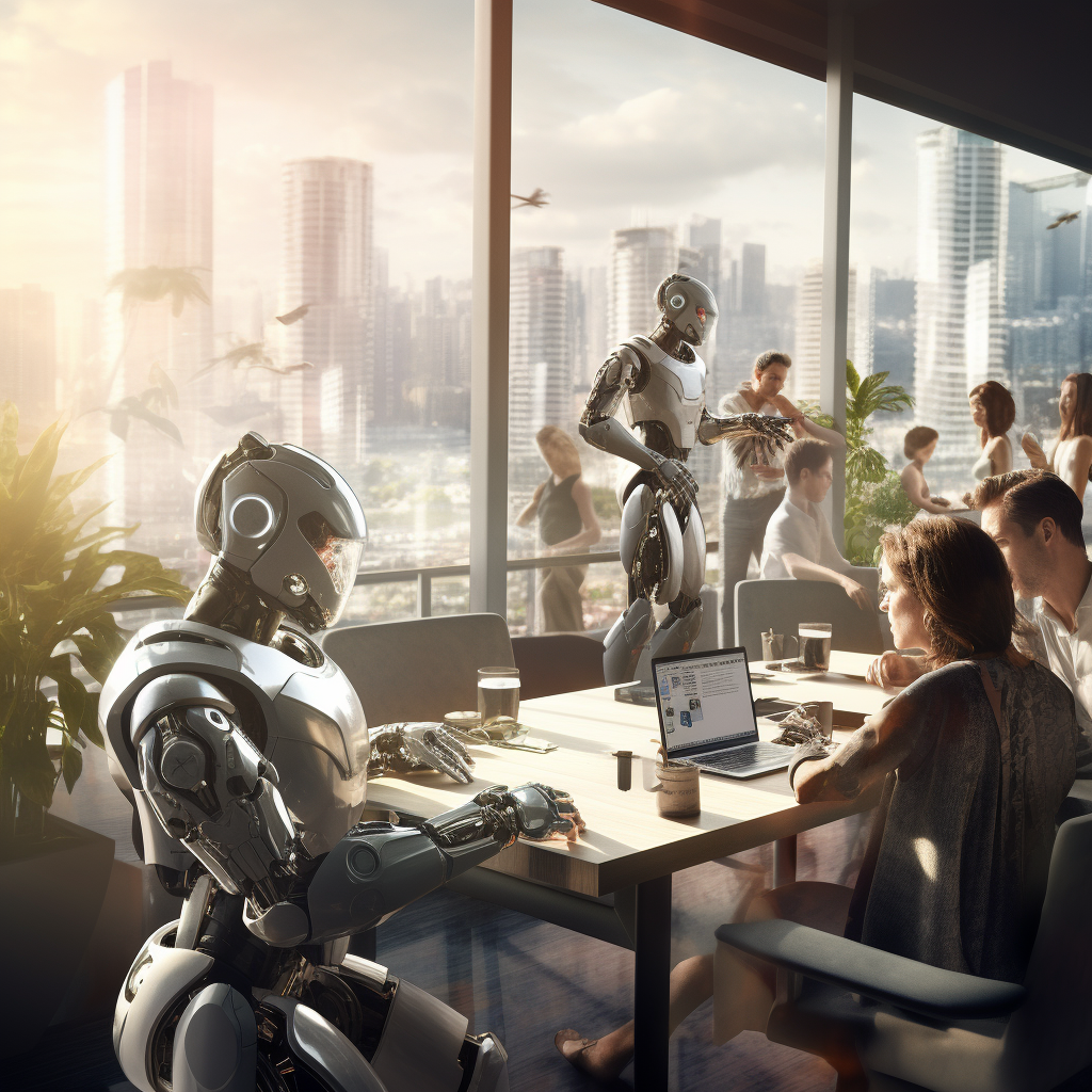 “Robots et humains au travail” (Qant, M. de R. avec Midjourney)