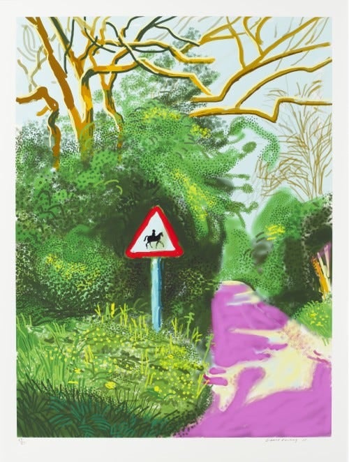 David Hockney. The Arrival of Spring in Woldgate, East Yorkshire in 2011 - 5 May. iPad drawing printed on paper © David Hockney / Richard Schmidt.