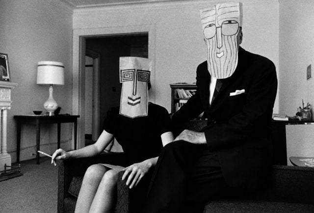 Inge Morath Untitled. (from the Mask Series with Saul Steinberg), USA. 1962. Photograph by Inge Morath © The Inge Morath Estate/Magnum Photos. Mask by Saul Steinberg © The Saul Steinberg Foundation/ARS, NY © Inge Morath | Magnum Photos