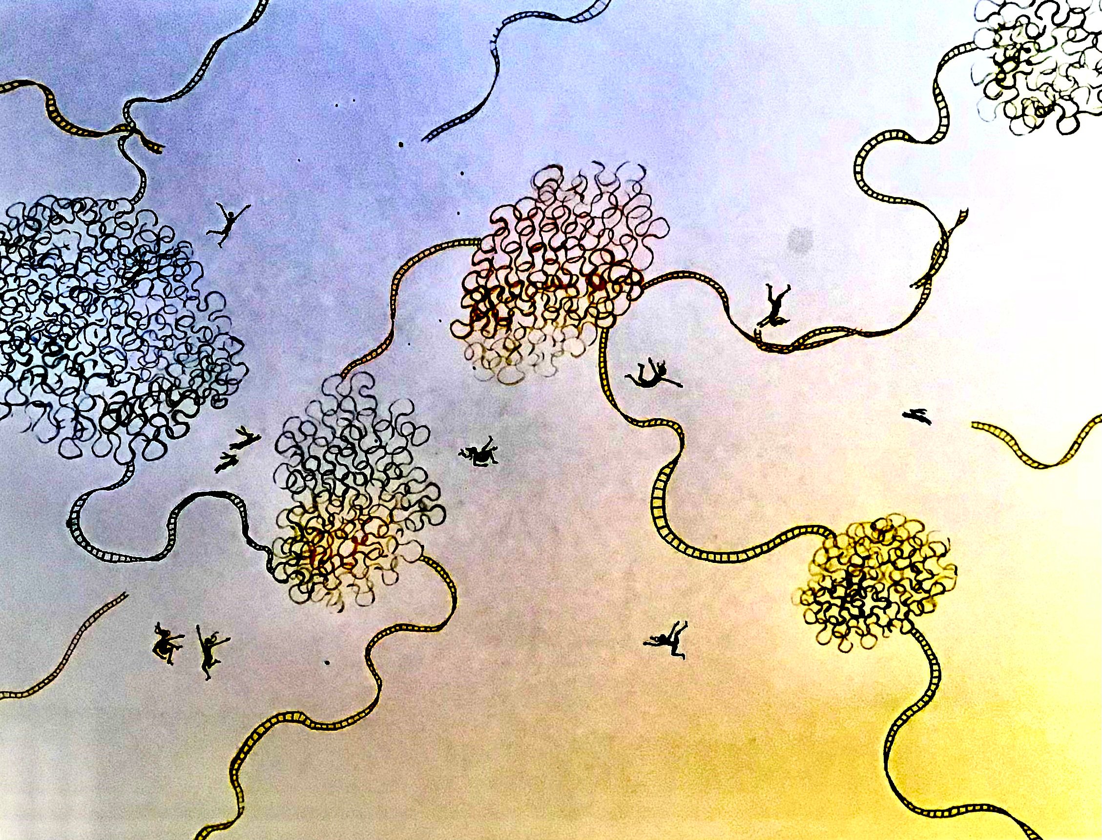 Ririons-nous de la pesanteur ?        Aquarelle sur papier, 50/70 cm, 2023