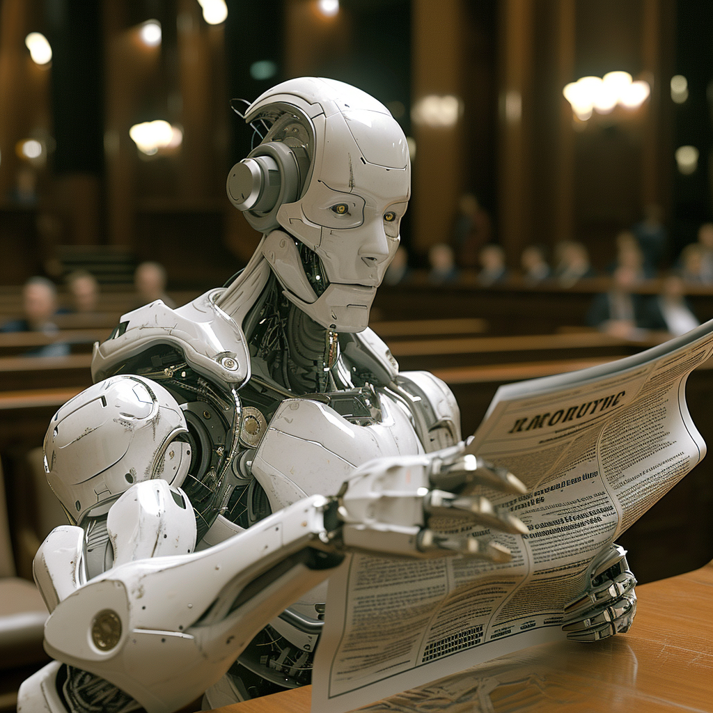“Le robot lit le journal au tribunal” (Qant, M. de R. avec Midjourney)