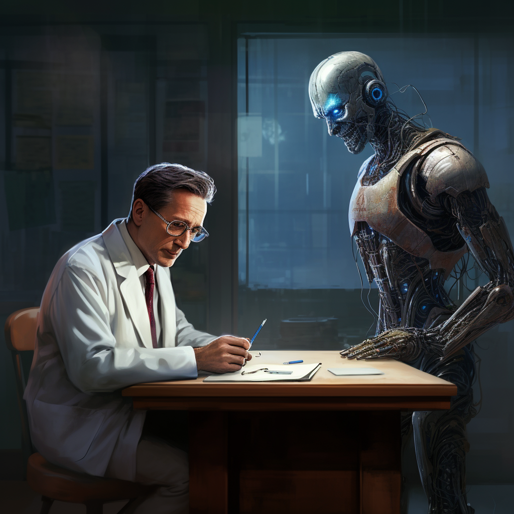 “Le docteur et le robot prennent des notes” (Qant, M. de R. avec Midjourney)