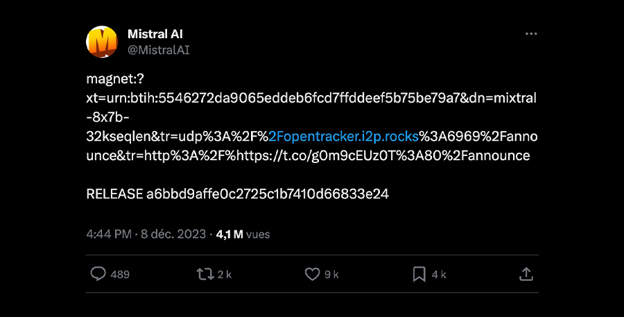 Voici le genre de tweet qui rend fou les développeurs, allez savoir pourquoi... // © @MistralAI