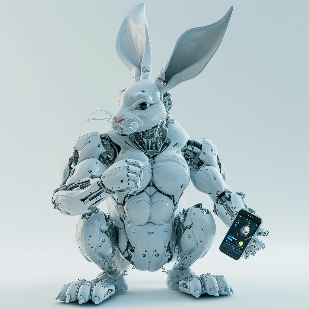 “Le robot lapin veut dépasser l’iPhone” (Qant, M. de R. avec Midjourney)