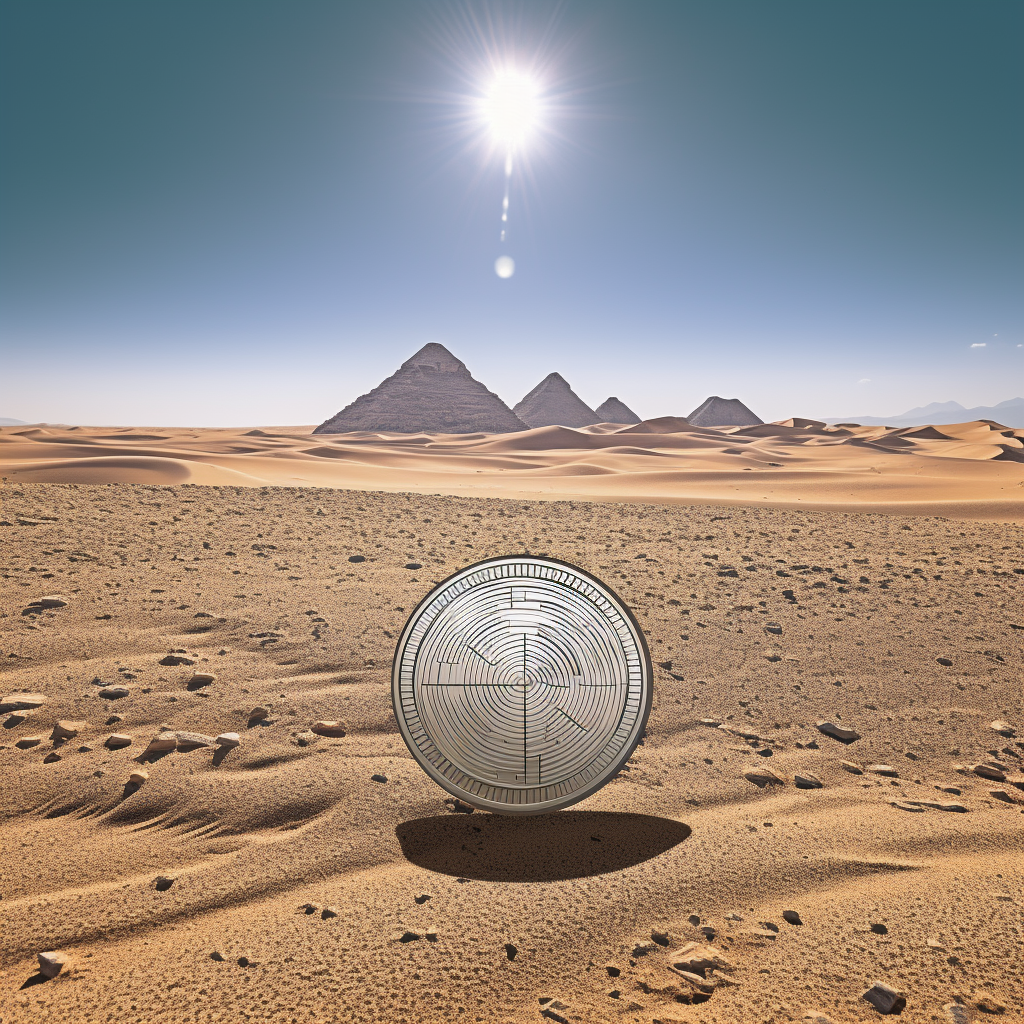 “Une monnaie numérique dans le désert égyptien” (Qant, M. de R. avec Midjourney)