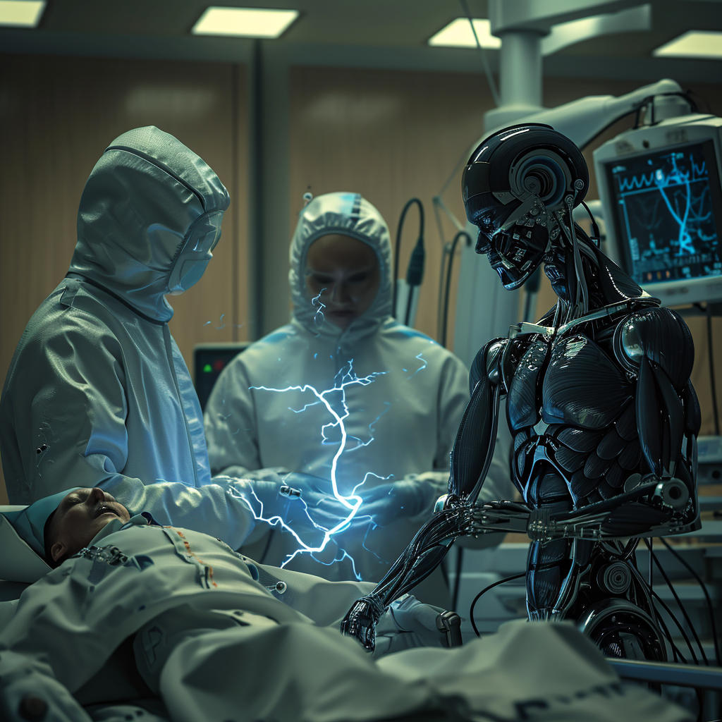 “Robots et médecins travaillent de pair à l’hôpital” (Qant, M. de R. avec Midjourney)