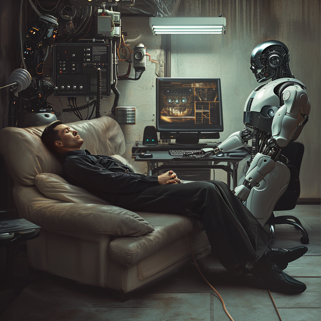 “Le robot joue au psy” (Qant, M. de R. avec Midjourney)