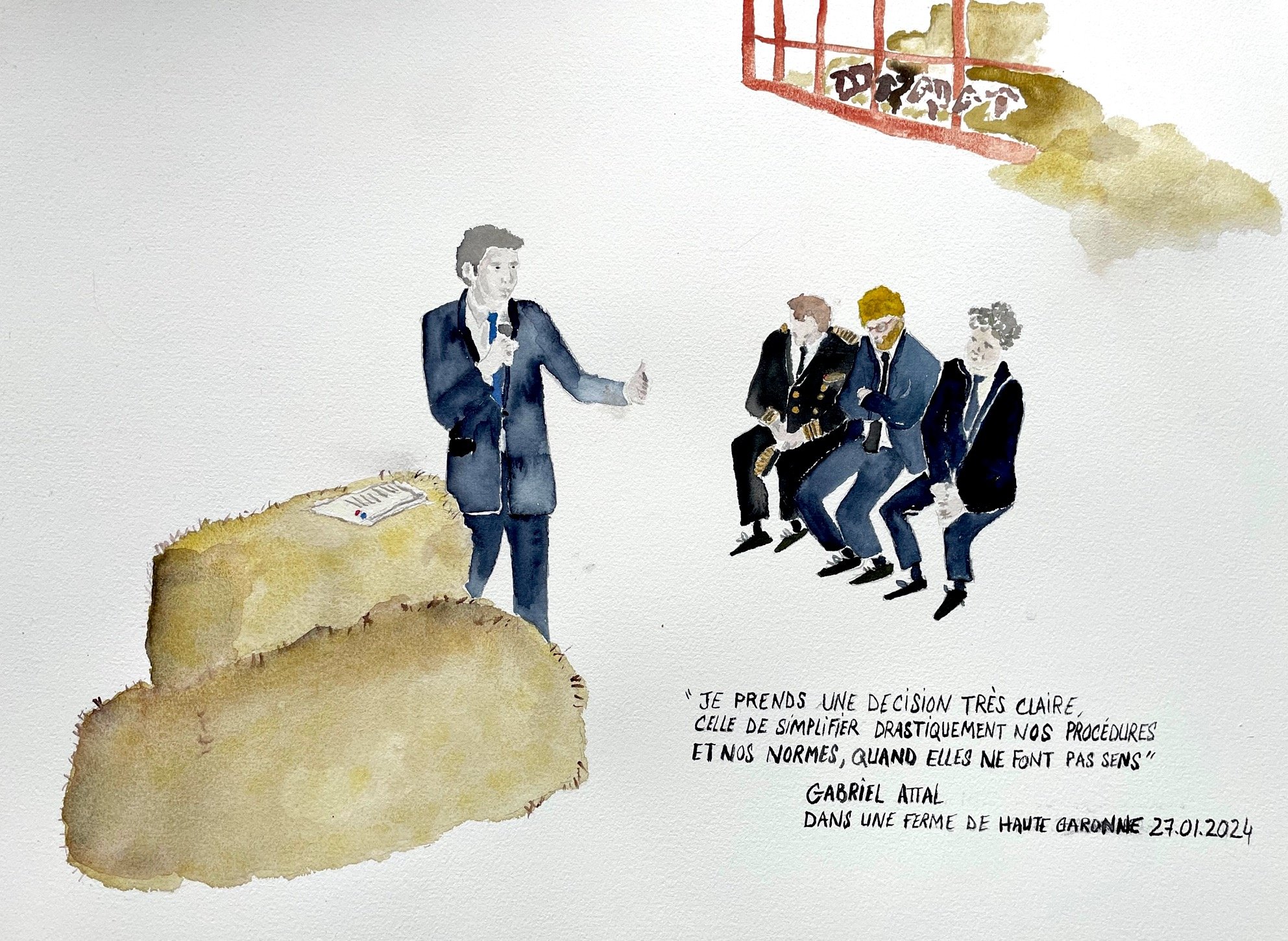 Discours de Gabriel Attal aux agriculteur.ices dans une ferme de Haute Garonne, le 27.01.2024 en présence du ministre de l'Agriculture et de la Souveraineté alimentaire et du ministre de la Transition écologique et de la Cohésion des Territoires. Crédit : Stéphanie Sagot pour Le Nouveau Ministère de l'Agriculture, 2024 Aquarelle sur papier, 45,5 x 61 cm.