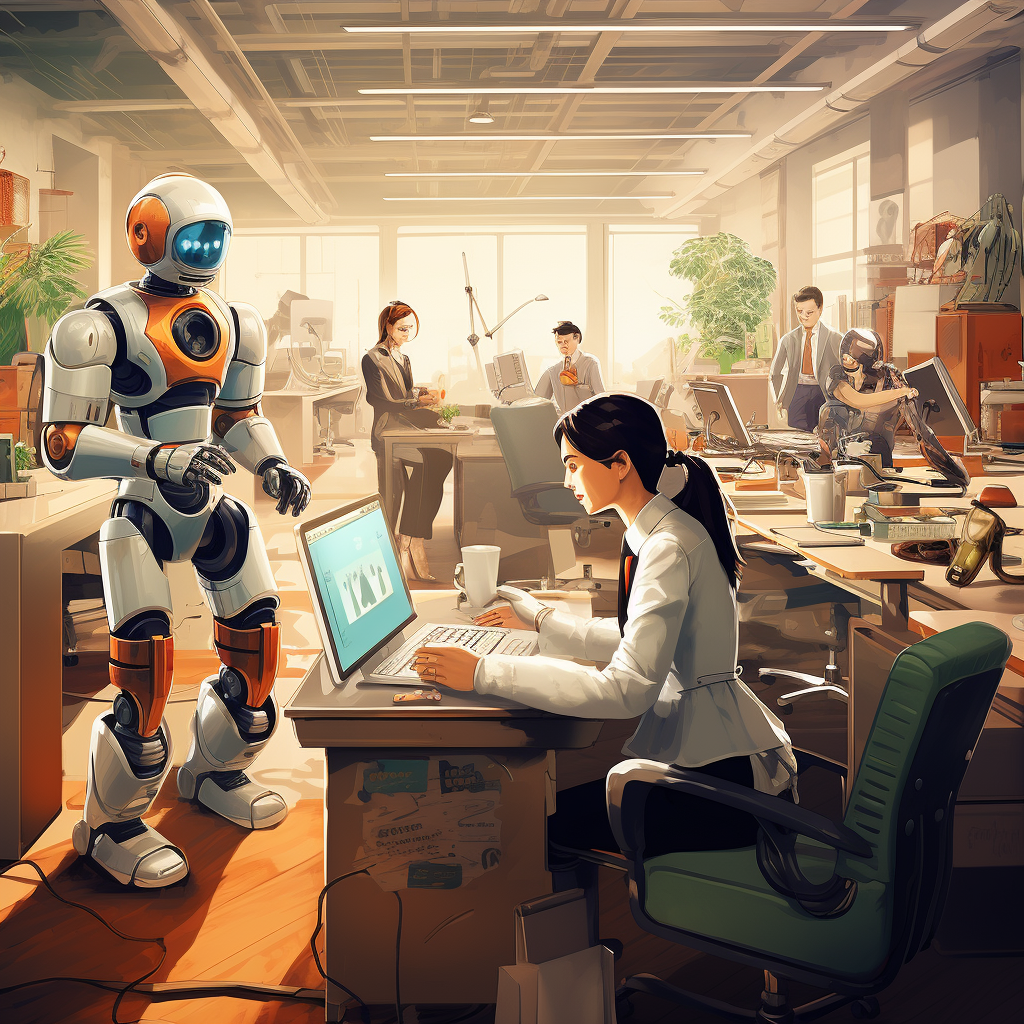 “Robots et humains en entreprise” (Qant, M. de R. avec Midjourney)