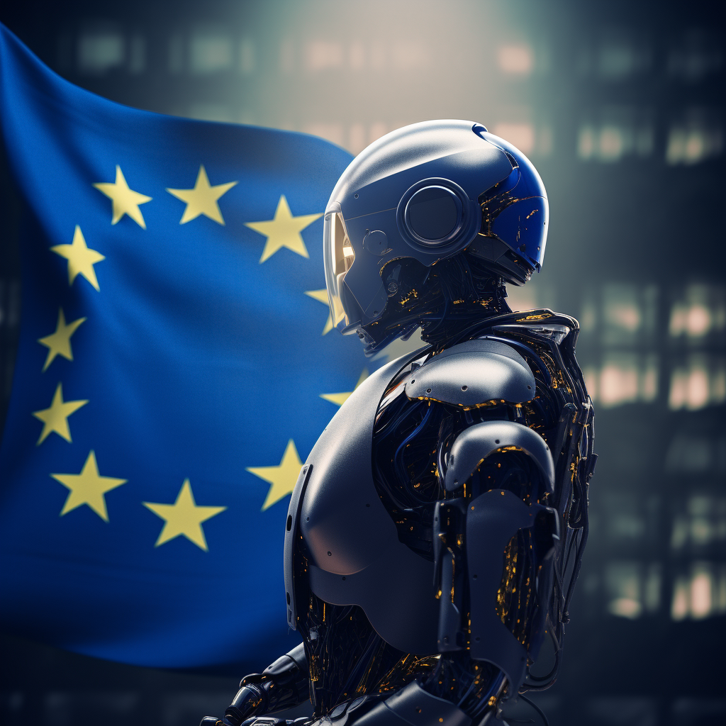 "L'Europe impose ses règles au robot" (Qant, M. de R. avec Midjourney)