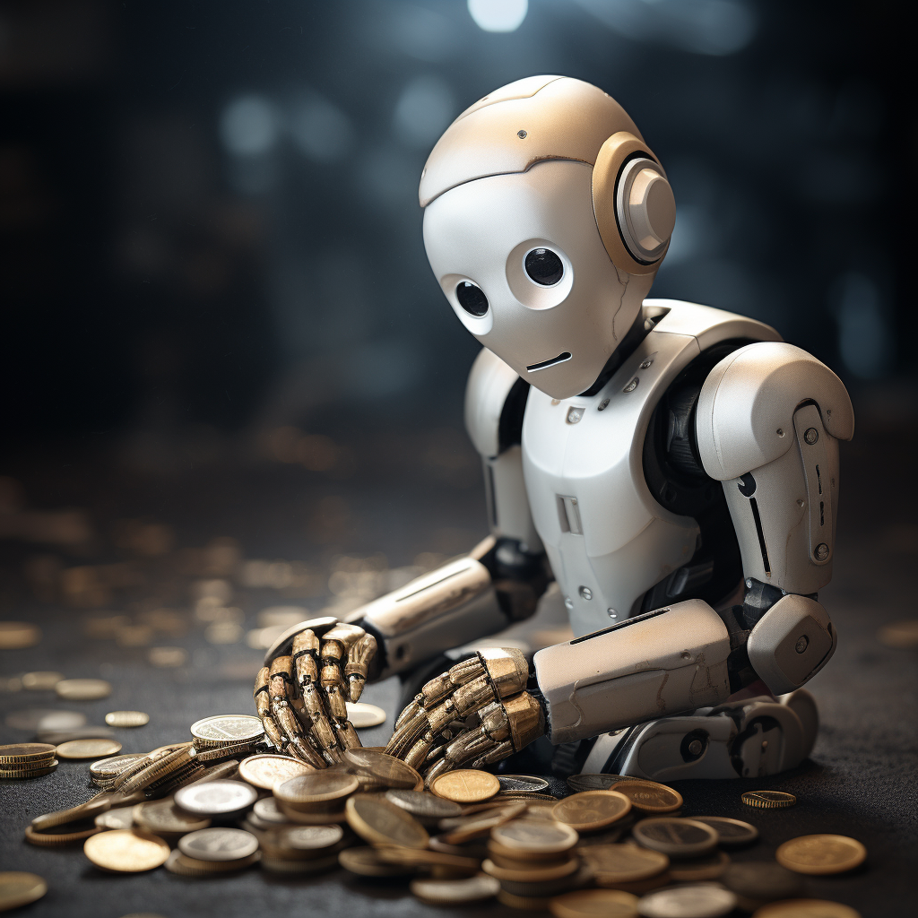 “Le robot compte ses économies” (Qant, M. de R. avec MIdjourney)