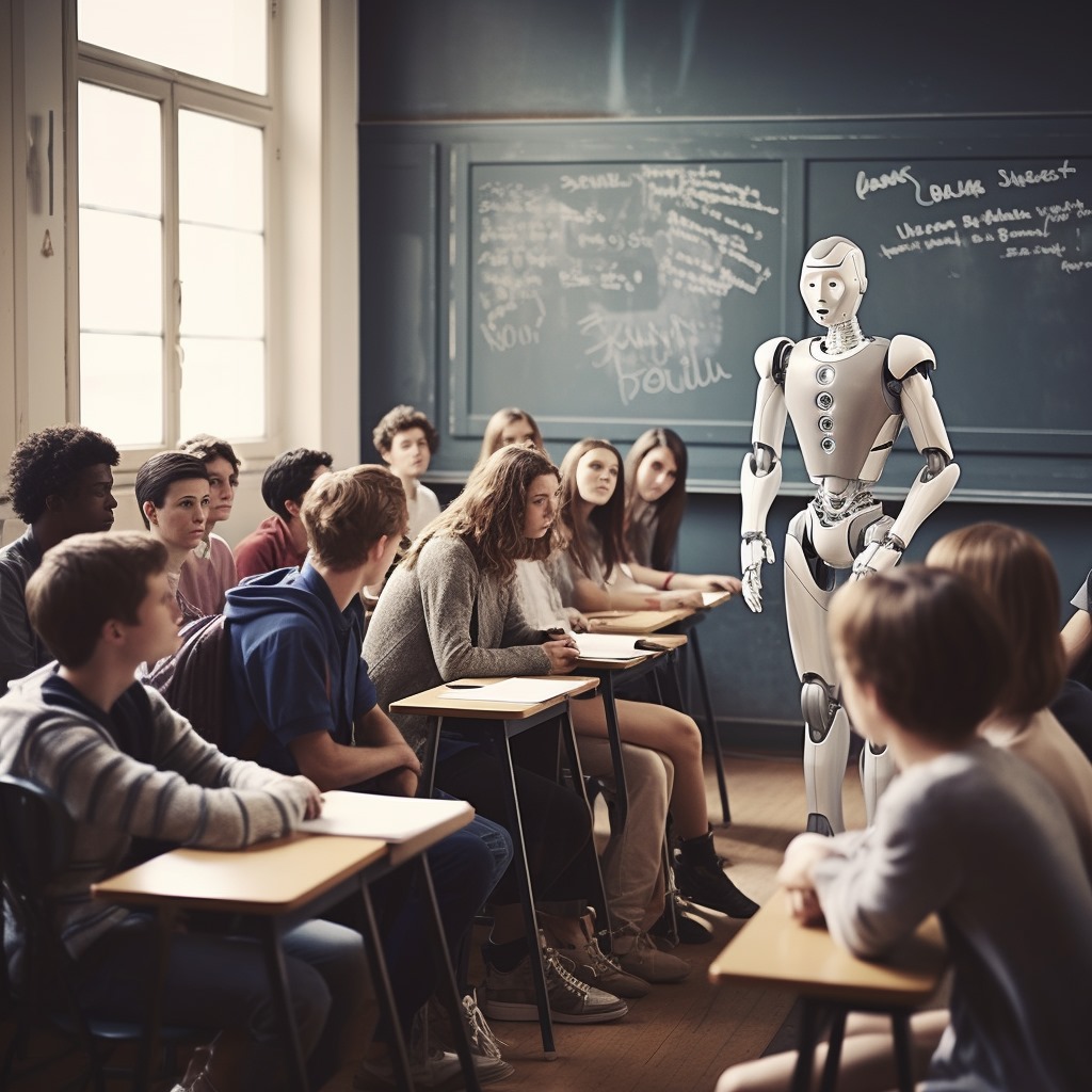 Un robot dans la classe (Qant, M. de R. avec Midjourney)