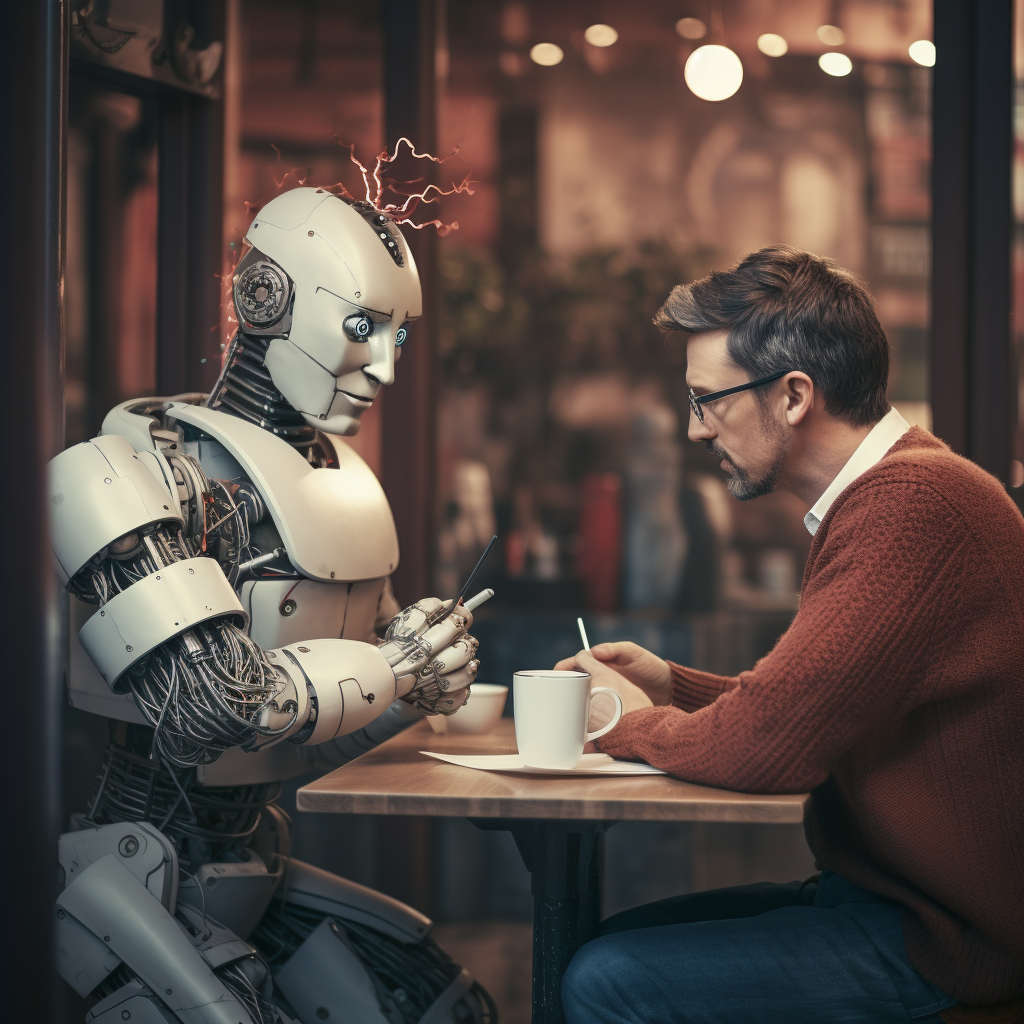 “Le robot écoute l’homme parler” (Qant, M. de R. avec Midjourney)