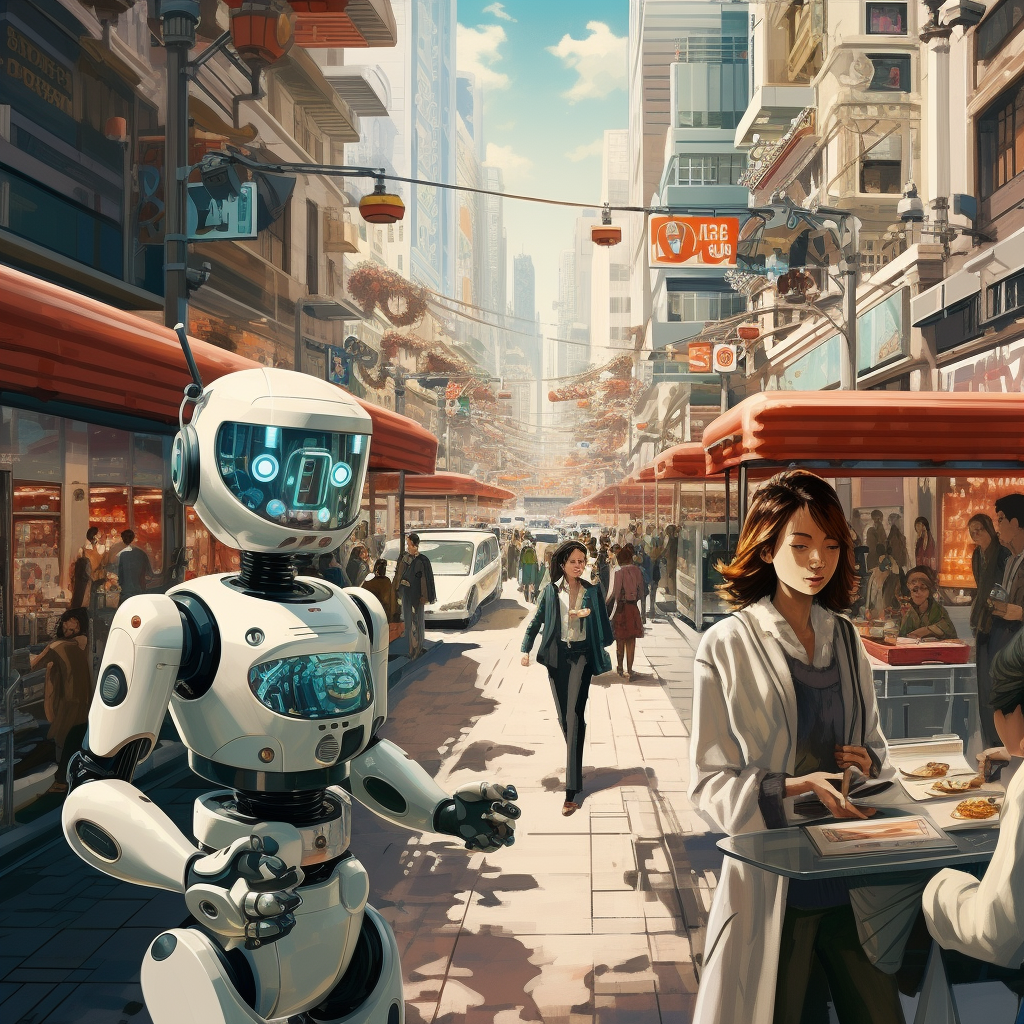 “Les robots s’intègrent dans la société” (Qant, M. de R. avec Midjourney)