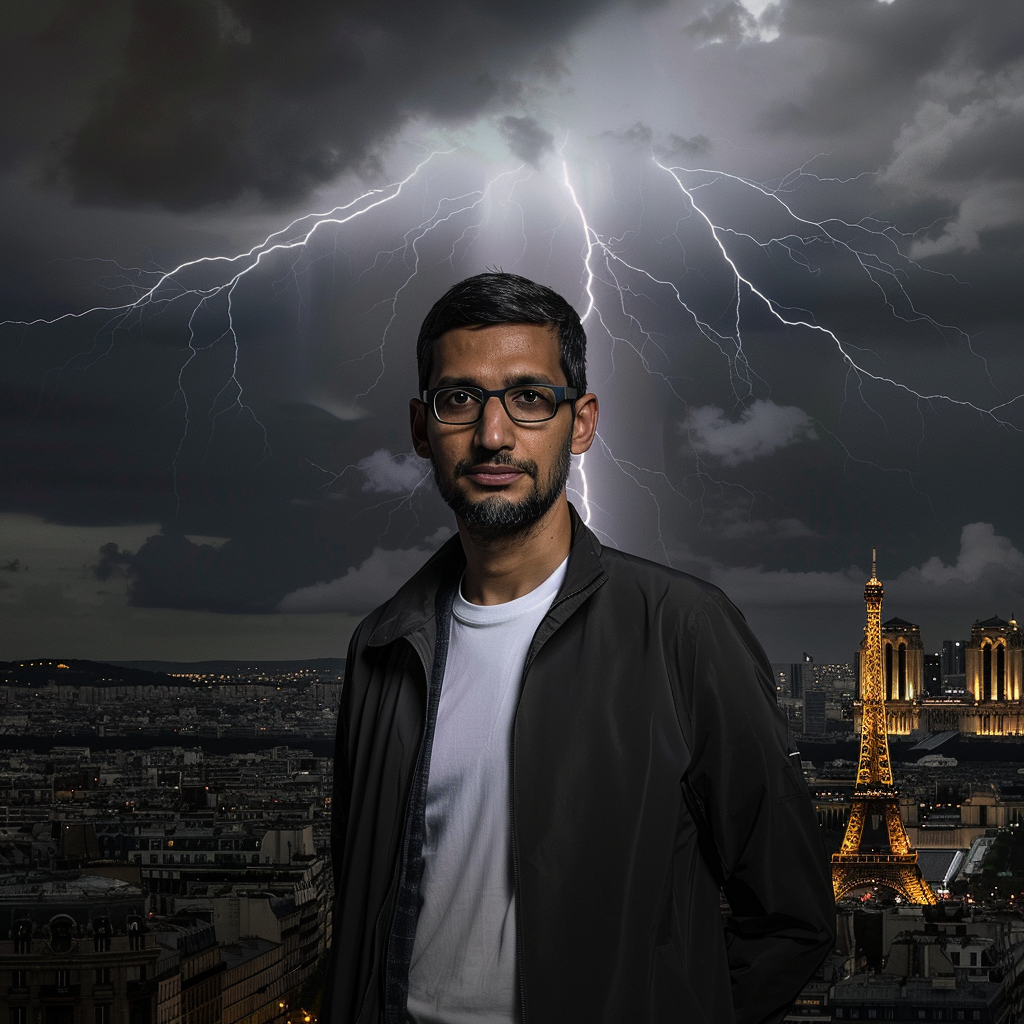 “Sundar Pichai veut développer l’IA à Paris” (Qant, M. de R. avec Midjourney)