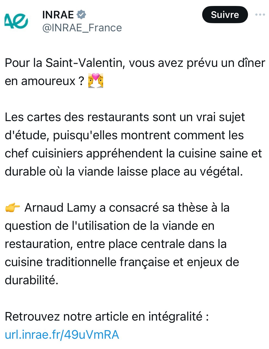 Le message publié sur le compte X de l'Inrae le 14 février dernier et supprimé depuis.