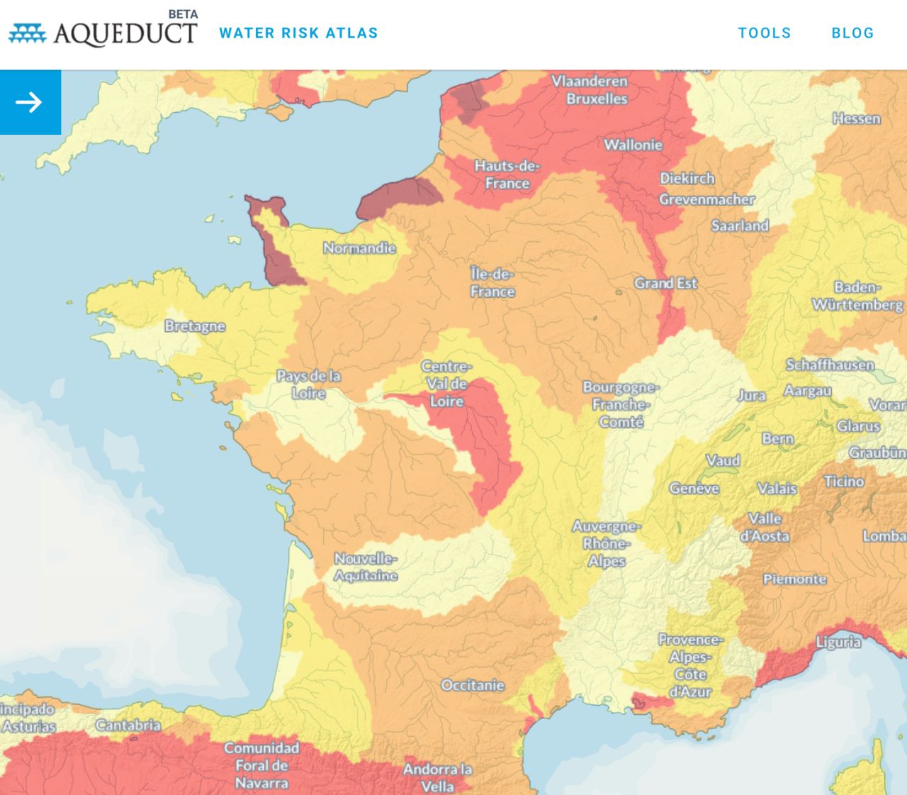 Source : Aqueduct - Projection des risques hydriques en France à l'horizon 2040