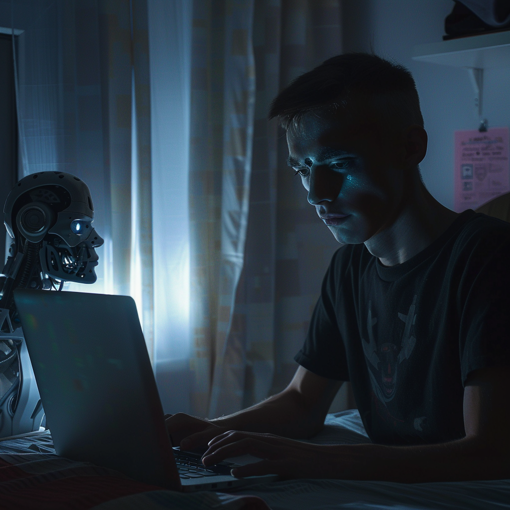 “Le robot tient compagnie à l’homme seul” (Qant, M. de R. avec Midjourney)